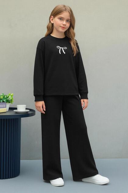 Girl's Minimal Bow Printed Black Crew Neck Sweatshirt-Loose Fit Black Tracksuit Set
