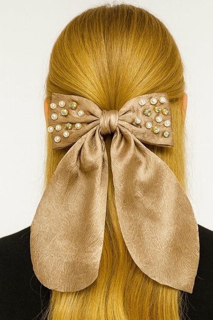 Coffee Color Ribbon Figured Pearl and Stone Detailed Vending Machine Buckle