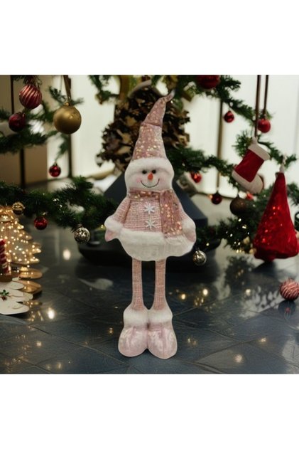 Figurină decorativă, Flippy, om de zăpadă, picioare telescopice, înălțime reglabilă 44-54 cm, pălărie cu paiete, roz