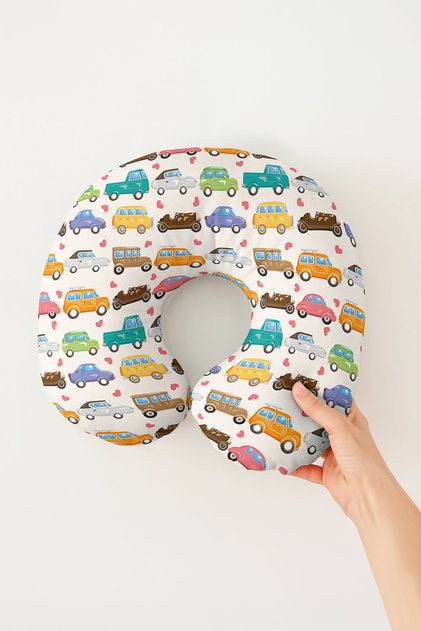 Colorful Cars Cotton Neck Pillow - Cute Patterned Beige Kids & Adults Travel Pillow