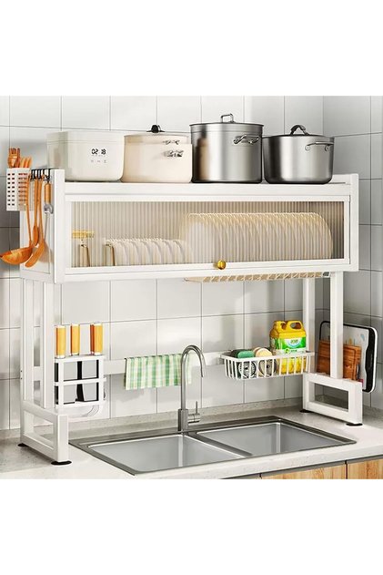 Over the Sink Dish Drainer Drying Rack 3-Tier with Cover (Milkshake White)