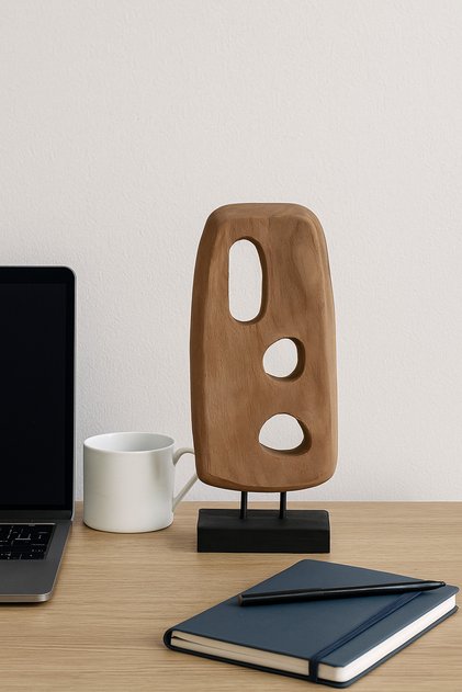 Walnut and Black Wooden Abstract Cut-Out Sculpture on Stand – Modern Decorative Accent