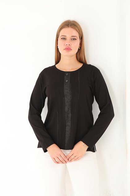 Mercerized Stylish Blouse with Leather Stripe Detail High Quality Crew Neck