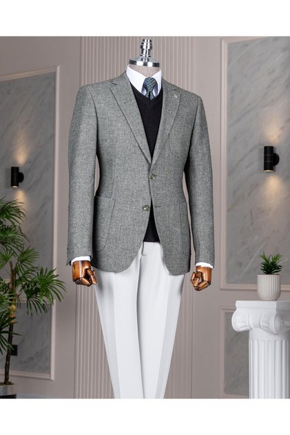Italian Style S Slim Fit Mono Collar Wool Blended Men's Single Jacket Khaki T14811
