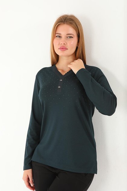 Mercerized Stylish Blouse with Stone Print High Quality V-Neck