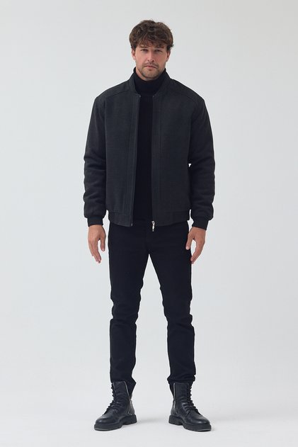 Men's Anthracite Color Standard Fit Zippered Quilted Cashmere Coat