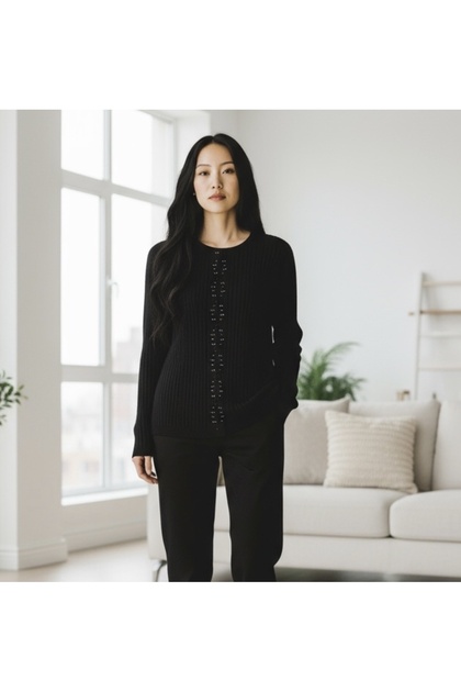 Women's Front Stone-Embellished Self-Patterned Zero-Collar Blouse