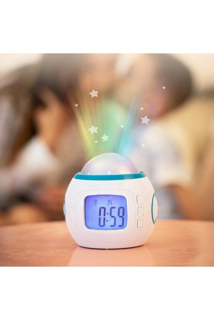 Ceas deșteptător LED cu proiector de stele, calendar, termometru, 10 melodii, alb