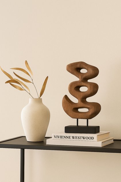 Walnut and Black Wooden Abstract Decorative Sculpture on Stand – Modern Art Accent