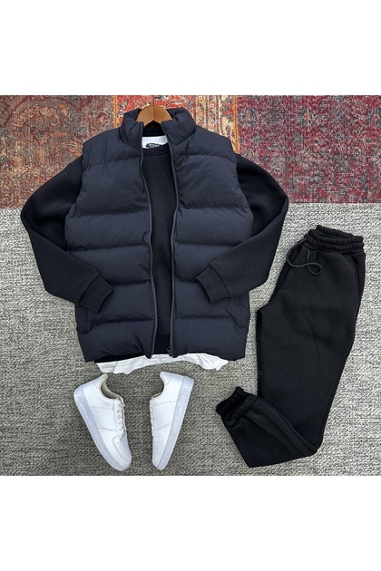 Şişme Yelek ve Oversize 3 İplik Bisiklet Yaka Kalın Polarlı Alt Üst Takım, 3'lü Set