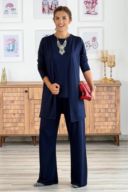 Navy Blue Triple Pants Blouse Cardigan 100% Cotton Modal Fabric Set