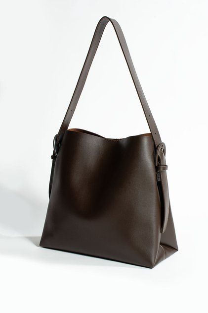 Brown Soft Leather Large Shopper Bag with Snap Fasteners and Zippered Interior Compartment