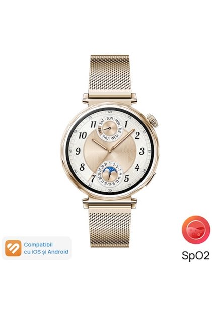 Ceas inteligent GT 5, 41 mm, carcasă din oțel inoxidabil auriu pal, curea milaneză aurie