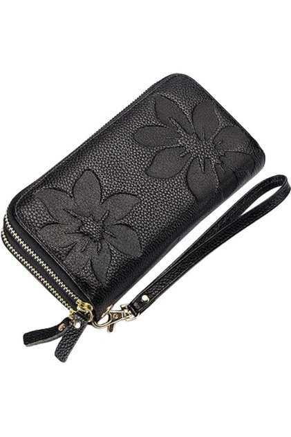 Portofel de damă, piele naturală, protecție RFID, 2 compartimente principale, 19x10x4.5cm, negru
