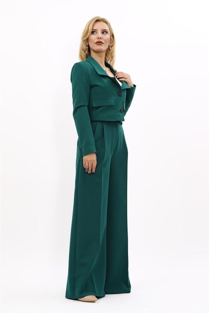 Low Collar Mini Jacket & High Waist Pleated Wide Leg Trousers Set-green