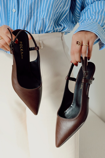 Sole Pointed-Toe Single-Strap Buckled Heeled Women’s Shoes Dark Brown