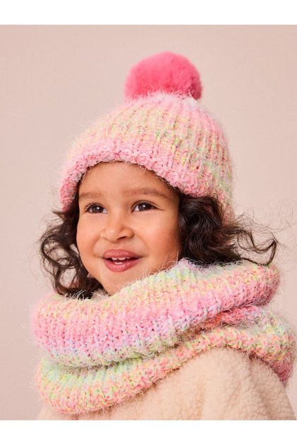Pembe/Yeşil Ombre Şapka ve Atkı ( Boyunluk )Takımı