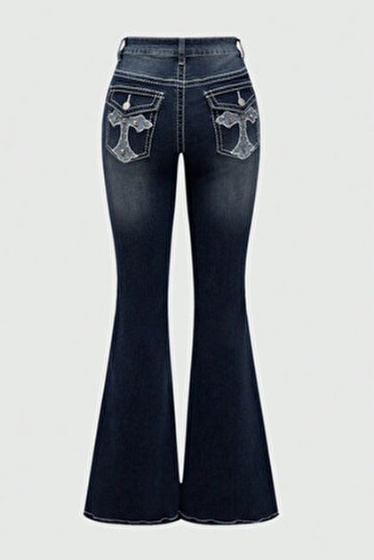 パンツ ripvanwinkle bootcut denim y2k grunge Köstebek Mavi Taşlamalı Vintage Tribal Baskılı Grunge Baggy Y2K