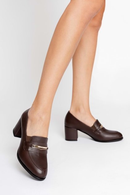 Women's Genuine Leather Buckle Stylish Heeled Shoes - Brown