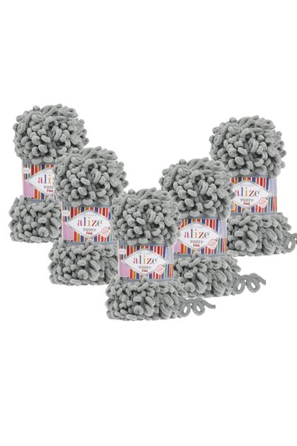 (5 Pieces) Puffy Fine Hand Knitting Yarn 5-Pack - 302 Gray - 100 Gr. 9 Meters. Finger Knitting Yarn