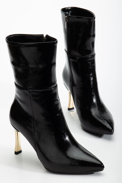 Women's Black Patent Leather Pointed Toe Thin Heeled Boots
