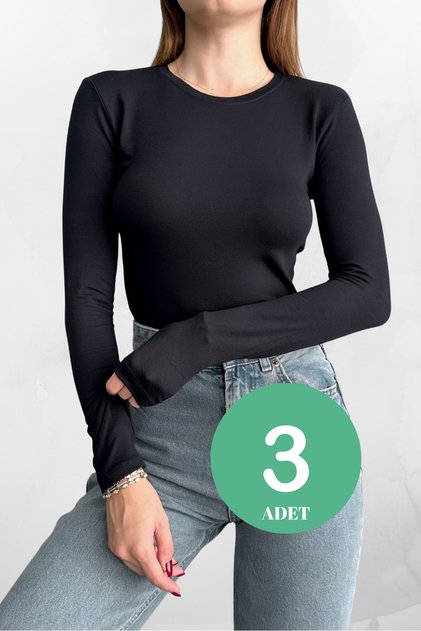 Black 3-Pack Crew Neck Basic Long Sleeve Women's Blouse