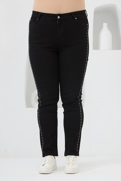 Large Size Jeans with Stone Print on the Sides Black
