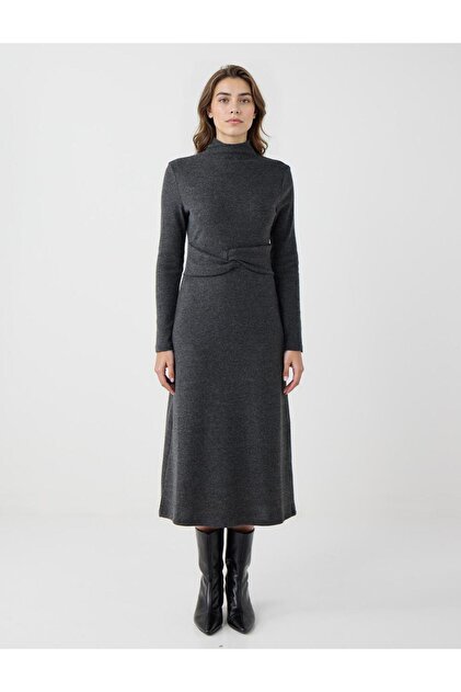 Jimmy Key Antrasit Uzun Kollu Dik Yaka Örme Midi Elbise - Fiyatı
