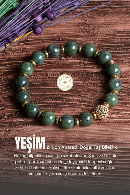 Sertifikalı Yeşim Doğal Taş Zirkon Aparatlı Bileklik