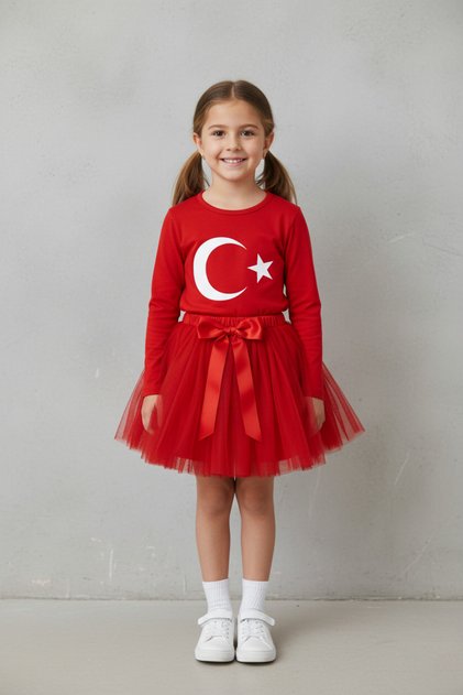 Girl's Red Long Sleeve Moon Star T-Shirt Tutu Skirt Set April 23 October 29 Performance Outfit