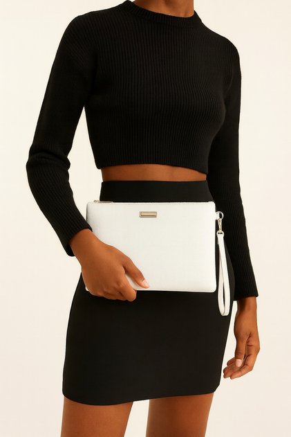 White Metal Accessory Hand Strap Portfolio Clutch Bag
