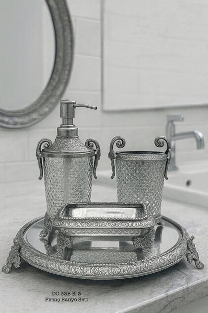 Brass Bathroom Set with Crystal Stylish Motif Mirrored Tray 4 Pieces