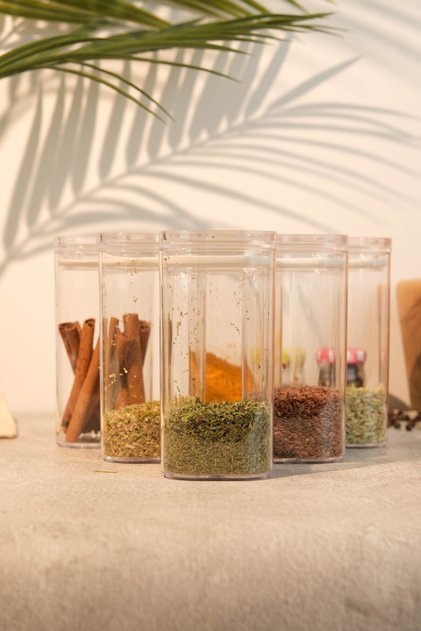 Set of 6 300ml Vacuum Lid Spice Containers - Leak-Proof Gasket - Acrylic Storage Container