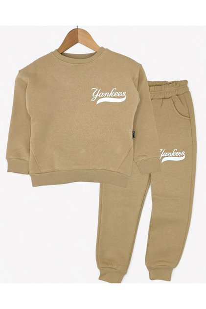 Yankees Printed Winter Boys' Tracksuit Set | 5-9 Years Old 3-Thread Ribbed Sweatshirt & Bottoms