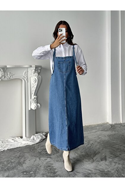 Women's Long Blue Strappy Denim Dungaree Dress