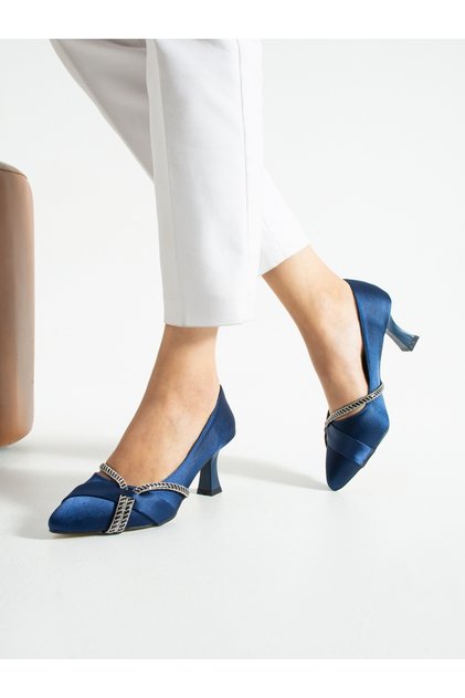 Velox Navy Blue Satin Stone Detail Heeled Women's Shoes