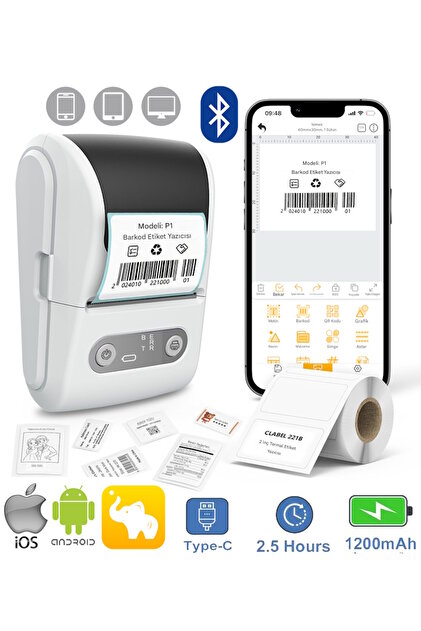 Ventus Mpia P1 Etiket Yazıcısı Kablosuz Taşınabilir Bluetooth, USB