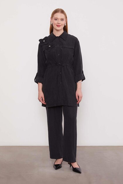 Black Embroidered Shoulder Detail Cupra Two-Piece Set