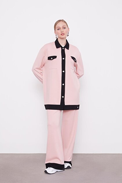 Powder-Black Button Detailed Trouser Suit