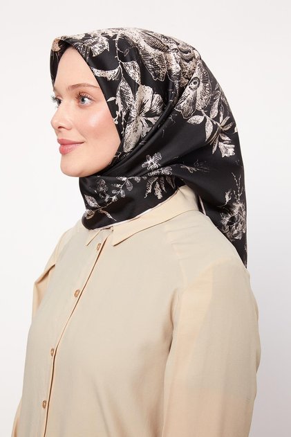 Black Abstract Rose Pattern Twill Silk Scarf