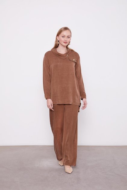 Brown Zipper Detailed Tunic Set