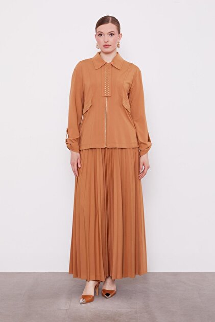 Camel Stone Collar Detail Pleated Skirt Set