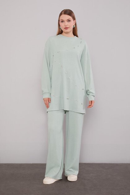 Mint Green Stripe Stone Detailed Double Suit