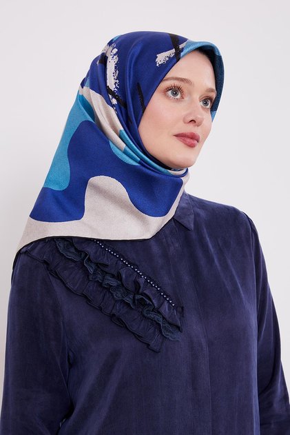 Cobalt Blue Round Pattern Twill Silk Scarf