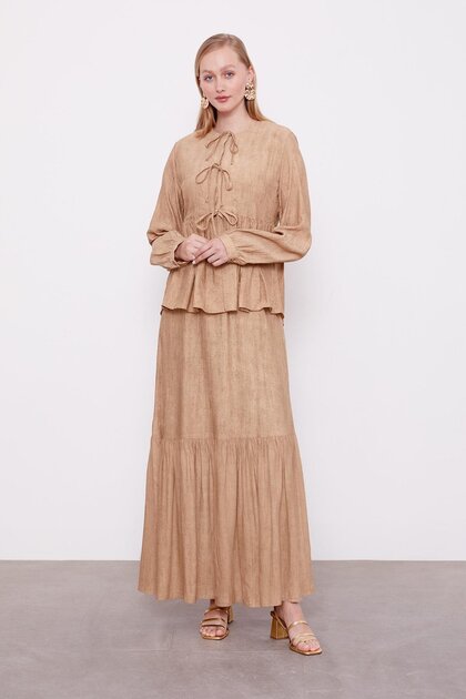 Camel Bow Detailed Jacketed Dress