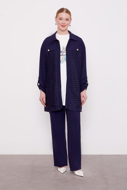 Navy Blue Mesh Detail Triple Jacket Set