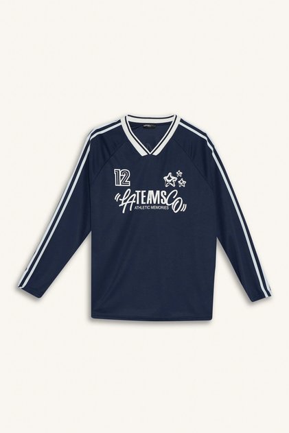 F8752 Navy Blue Coool Oversize Wide Fit V-Neck Printed Long Sleeve T-Shirt