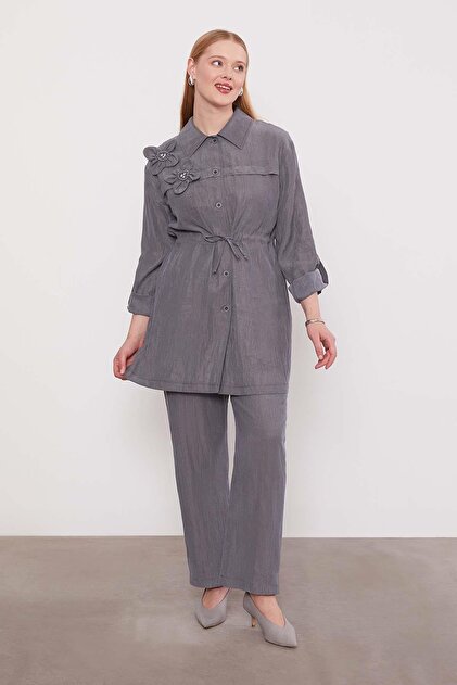 Gray Embroidered Shoulder Detail Cupra Two-Piece Set