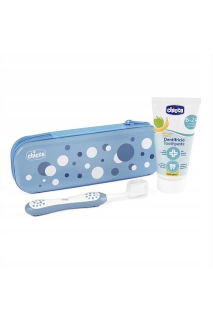 Set de igienă orală pentru copii, Chicco, pastă de dinți și periuță de dinți cu aromă de măr și banană, 6-36 luni, albastru