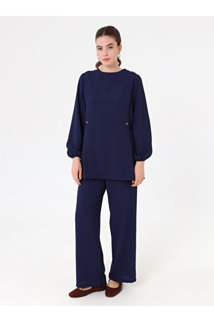 Tunic Pants Double Set with Tie Detail - Navy Blue -